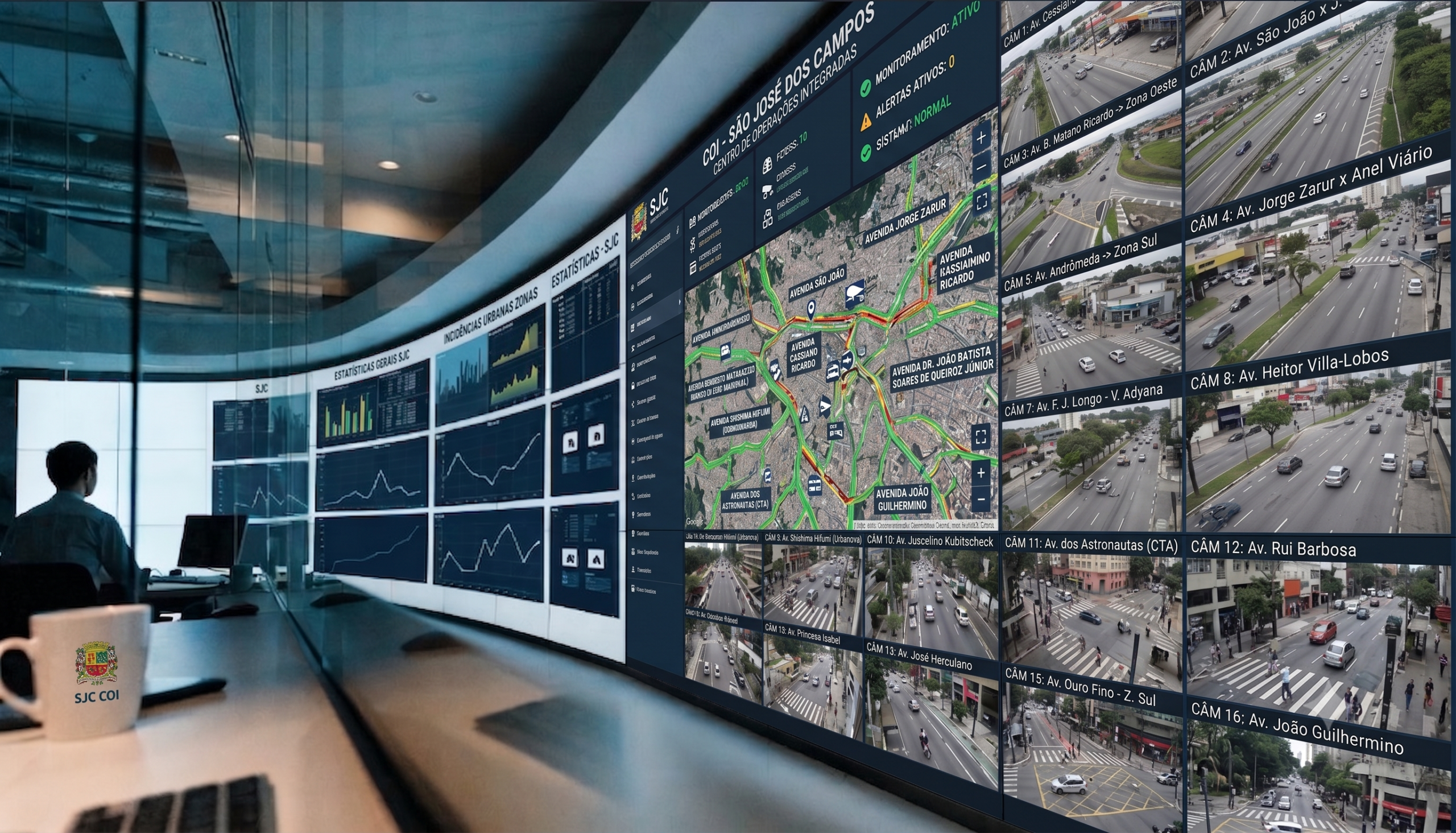 Centro de Operações Integradas de São José dos Campos com painel de monitoramento de trânsito e câmeras de vídeo em tempo real