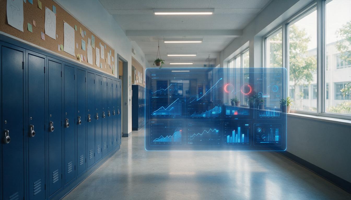 Corredor escolar com painel de dados sobrepostos mostrando gráficos de frequência e desempenho, representando infraestrutura de decisão com IA na educação