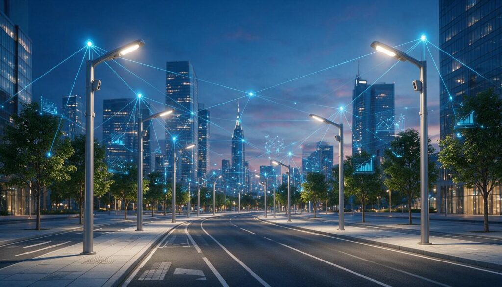 Postes de iluminação pública inteligente conectados por uma rede de dados sobre a cidade ao entardecer, representando a infraestrutura de sensores e conectividade da telegestão urbana