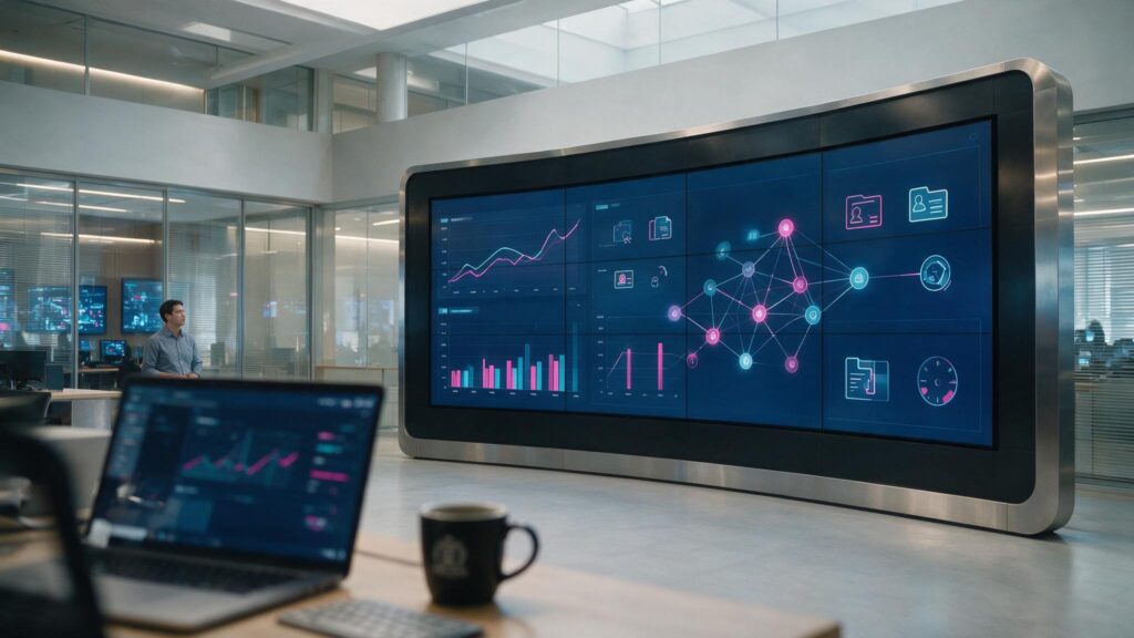 Sala de operação e gestão de TI com painéis de monitoramento, representando a sustentação contínua da tecnologia em prefeituras sem departamento de TI