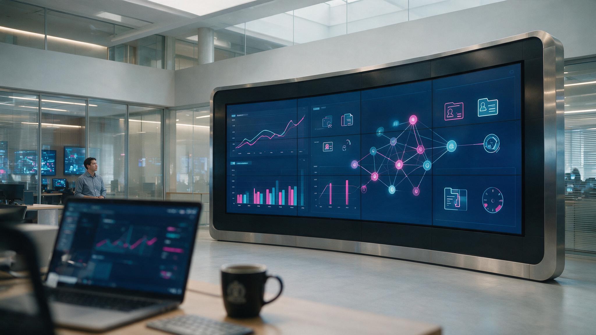 Sala de operação e gestão de TI com painéis de monitoramento, representando a sustentação contínua da tecnologia em prefeituras sem departamento de TI