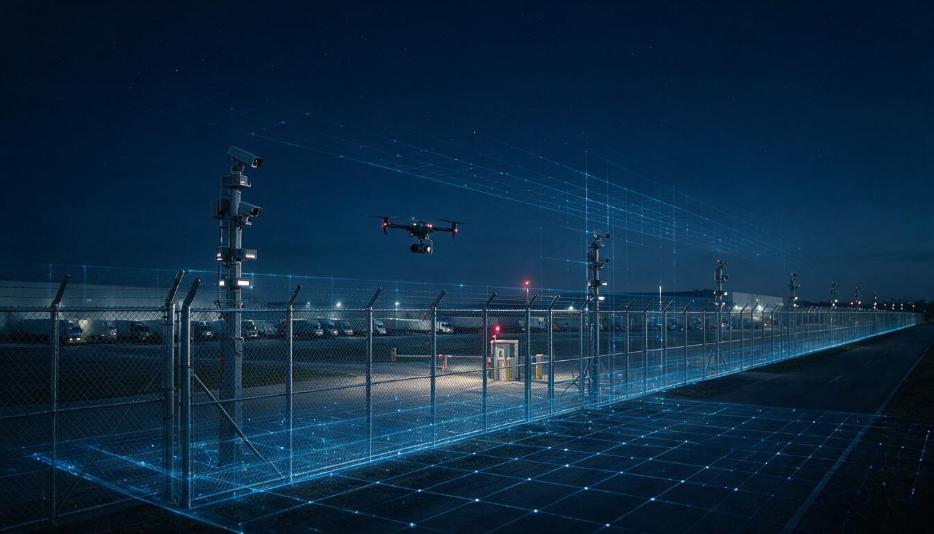 Drone sobrevoando perímetro de segurança com sensores e cerca monitorada, ilustrando segurança perimetral 3D da Erione