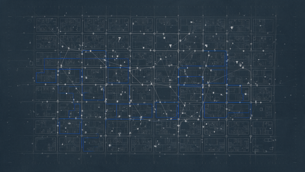 Blueprint de malha urbana com setores de rede segmentados destacados em azul