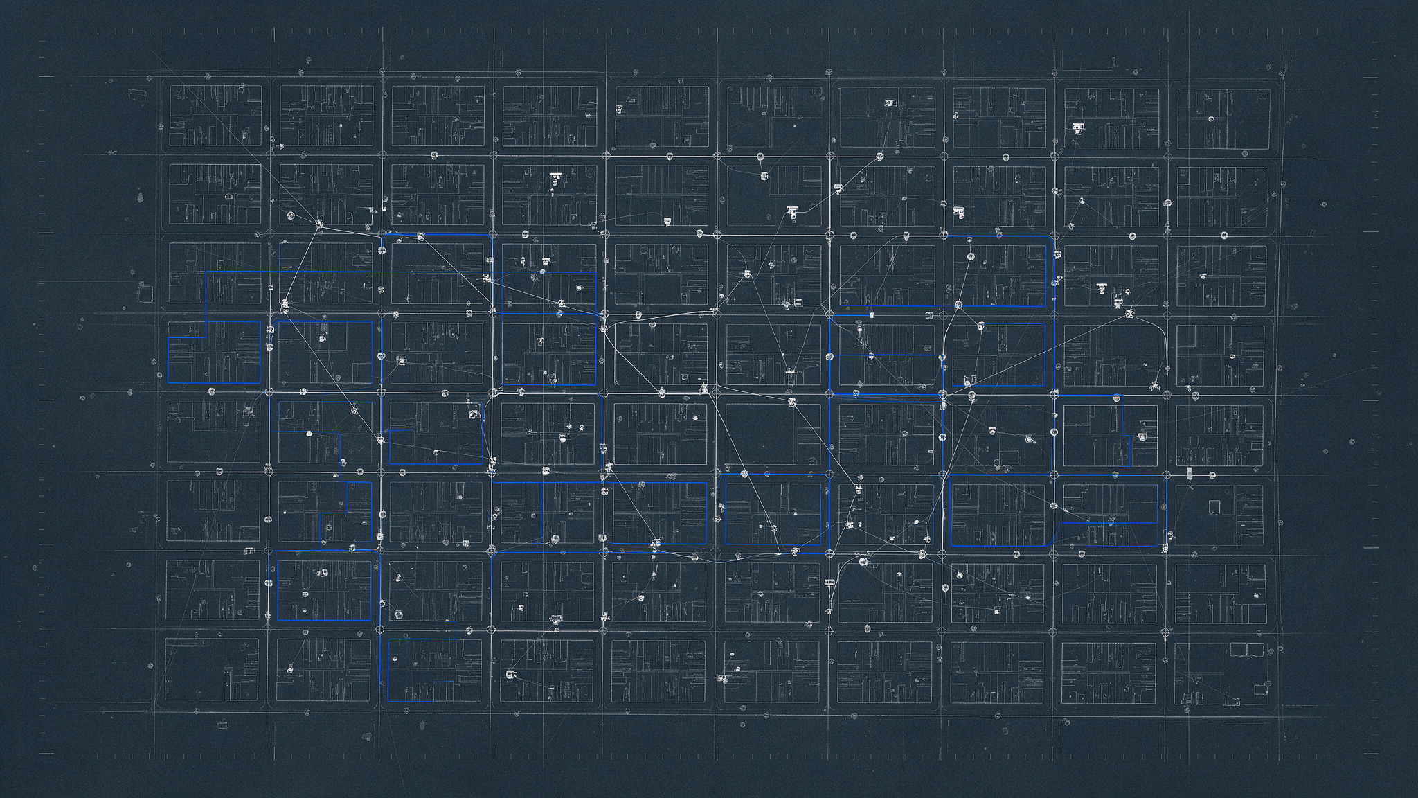 Blueprint de malha urbana com setores de rede segmentados destacados em azul