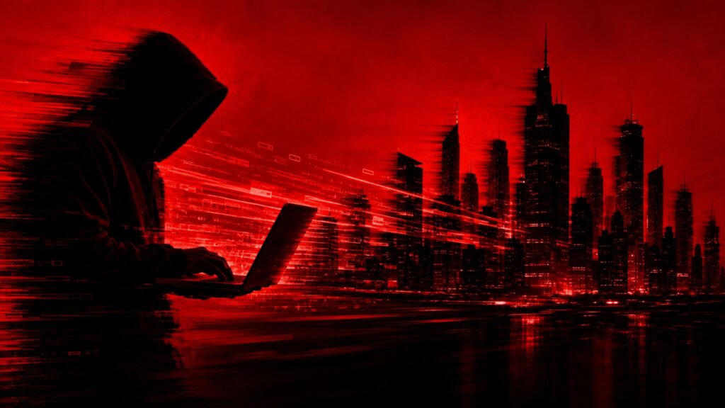 Silhueta encapuzada diante de um notebook com fluxo de dados em vermelho seguindo em direção ao skyline de uma cidade, representando ataques cibernéticos contra prefeituras