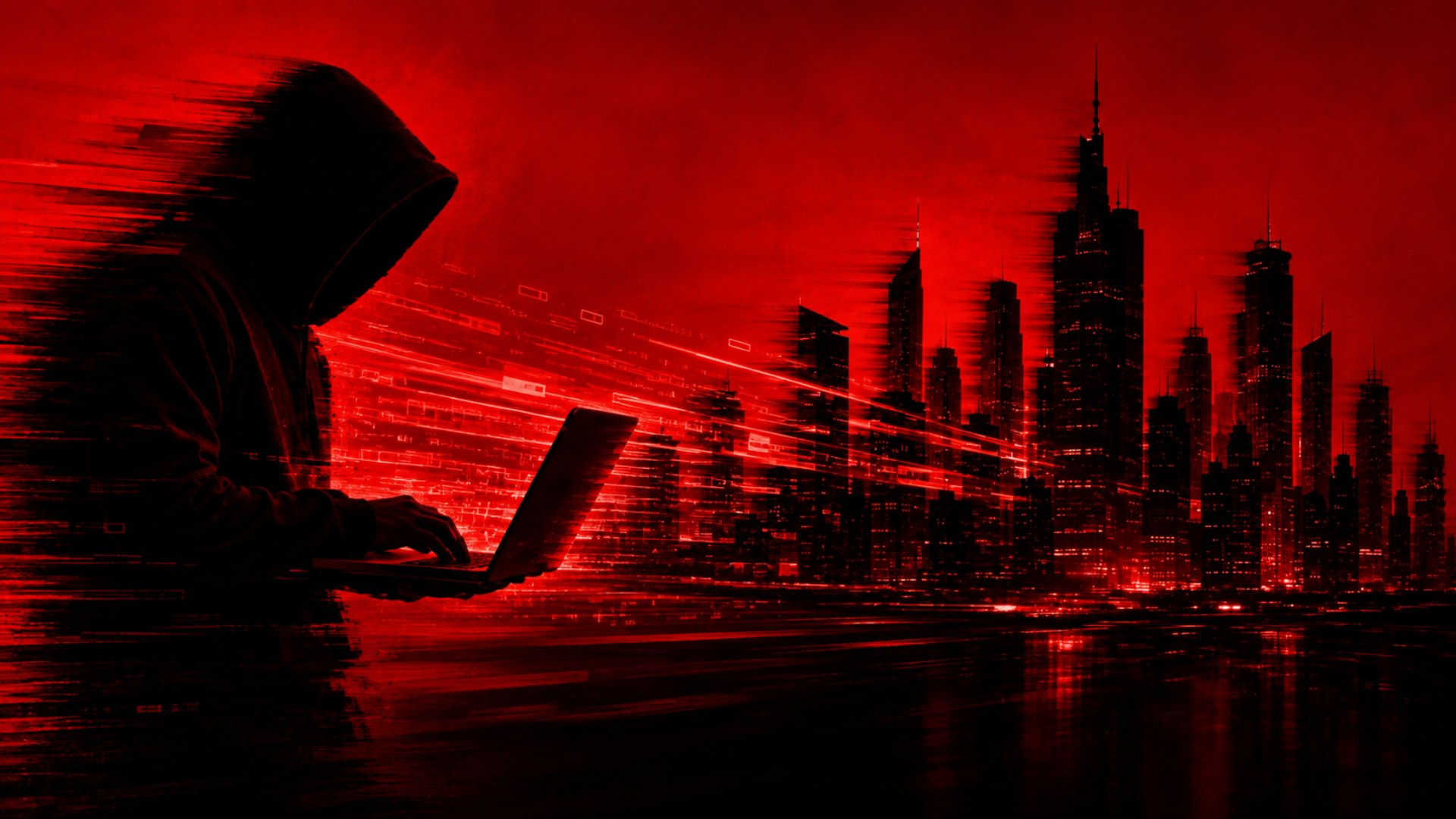 Silhueta encapuzada diante de um notebook com fluxo de dados em vermelho seguindo em direção ao skyline de uma cidade, representando ataques cibernéticos contra prefeituras