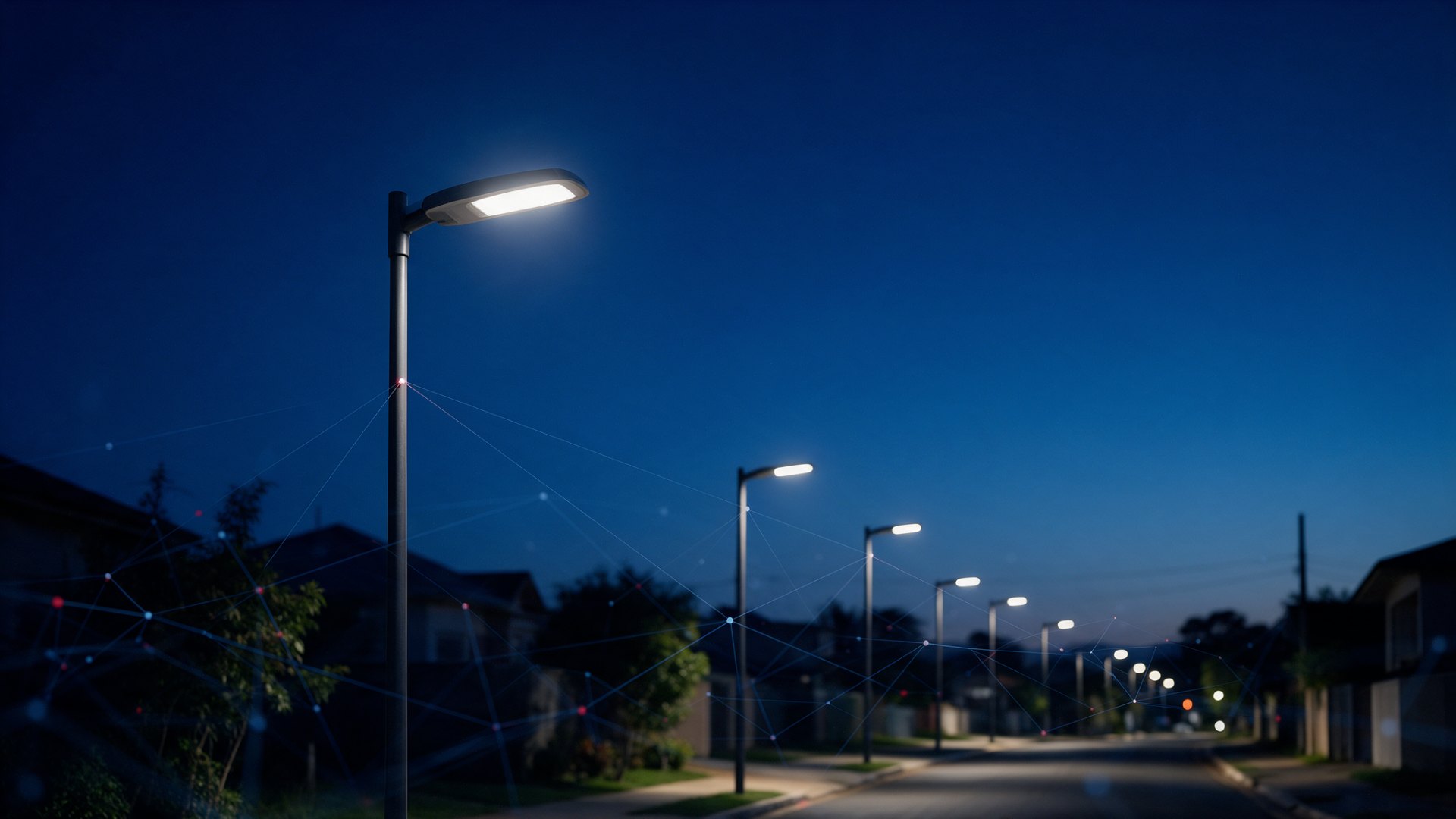 Poste de iluminação pública com luminária LED em rua de cidade pequena ao anoitecer